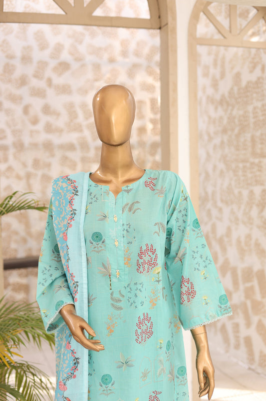 03 Pc Aqua Printed Lawn Suit with Dupatta & Printed Trouser