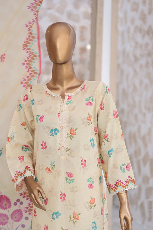 03 Pc Cream Printed Lawn Suit with Dupatta & Printed Trouser