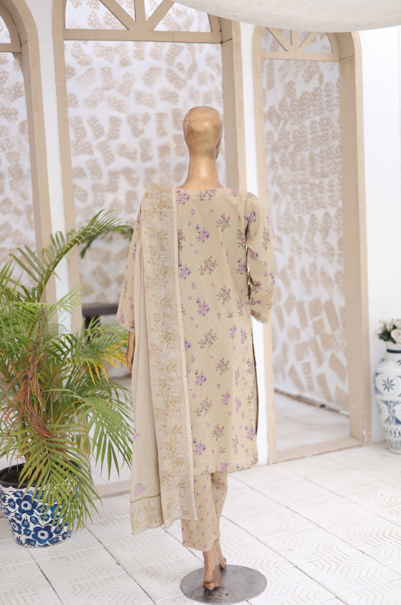 03 Pc Greige Printed Lawn Suit with Dupatta & Printed Trouser