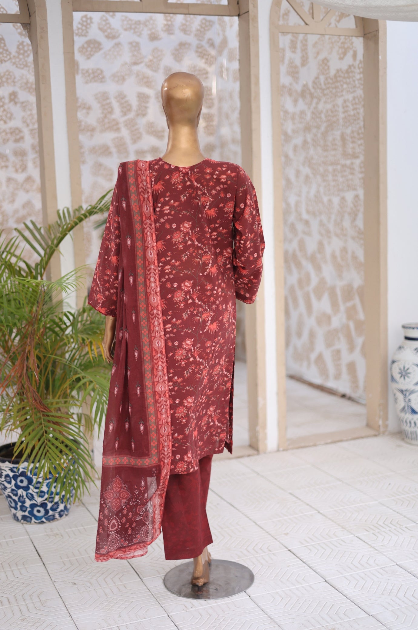 03 Pc Maroon Printed Lawn Suit with Dupatta & Printed Trouser