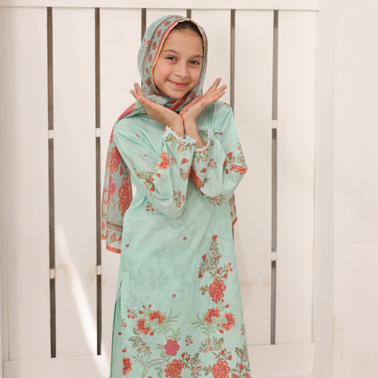 03 Pc Mint Green Printed Lawn Suit with Dupatta & Printed Trouser