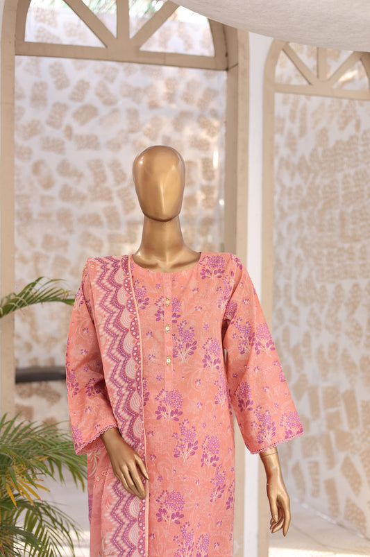 03 Pc Peach Printed Lawn Suit with Dupatta & Printed Trouser