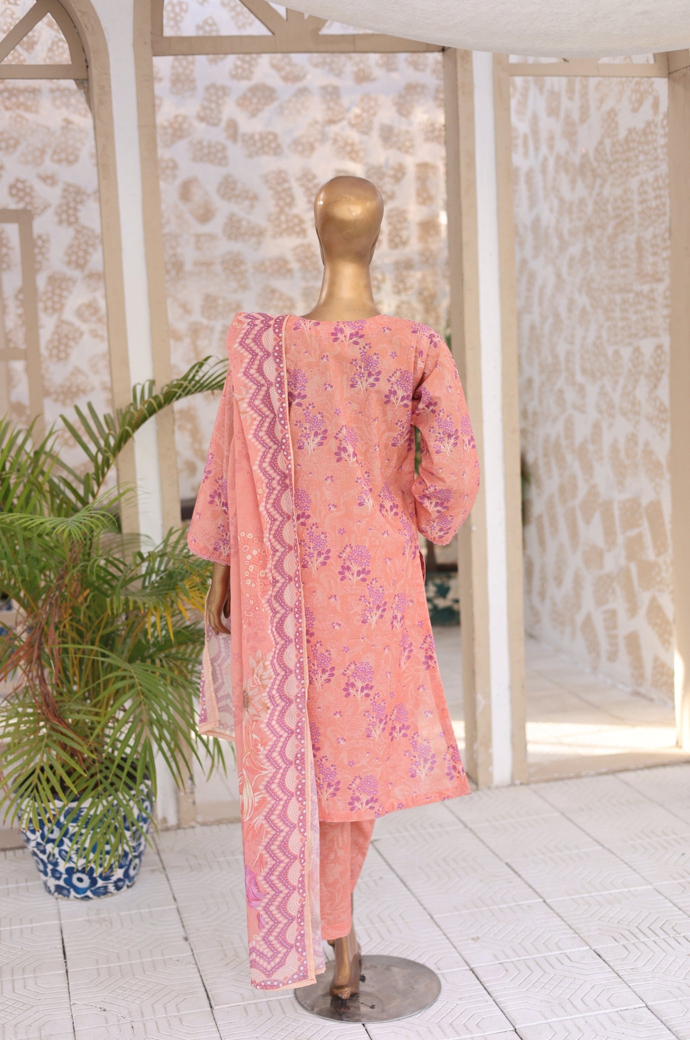 03 Pc Peach Printed Lawn Suit with Dupatta & Printed Trouser