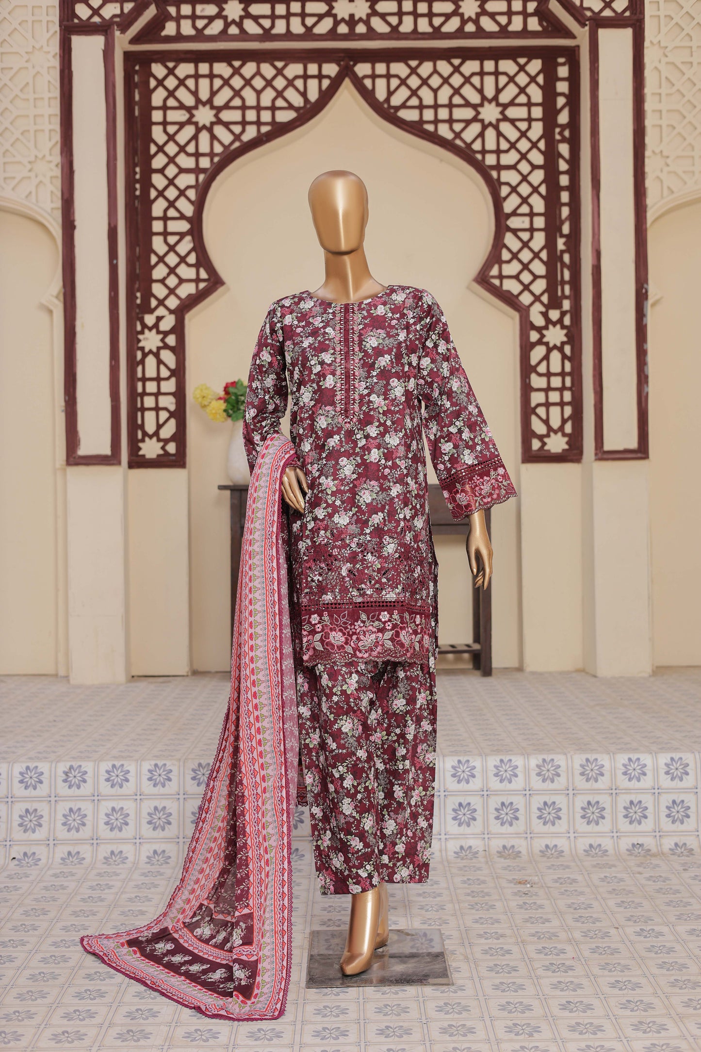 3 Pc - MAROON - Farshi Shalwar Printed Chikankari Embroidered Collection