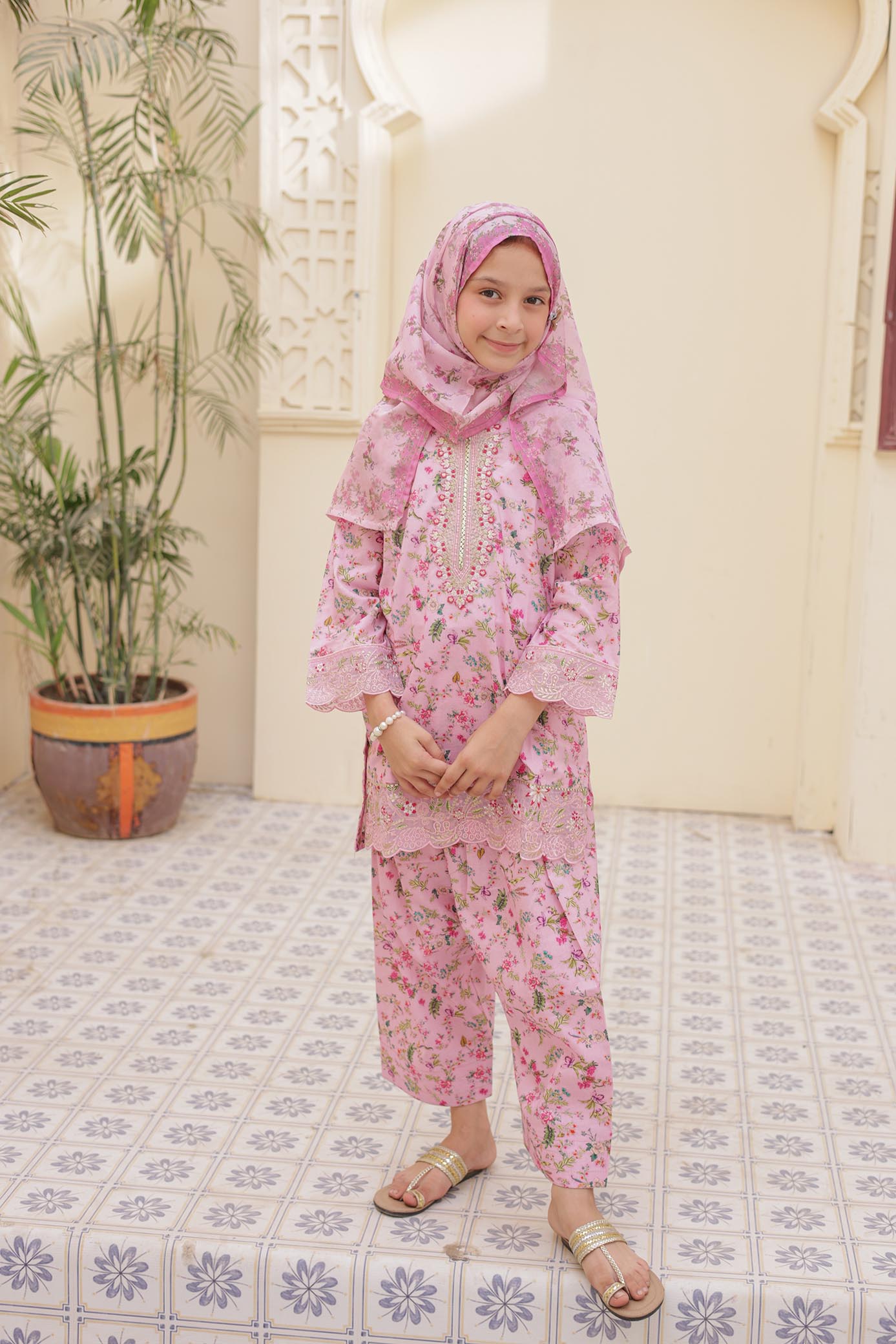 3 Pc - PINK - Farshi Shalwar Printed Chikankari Embroidered Collection