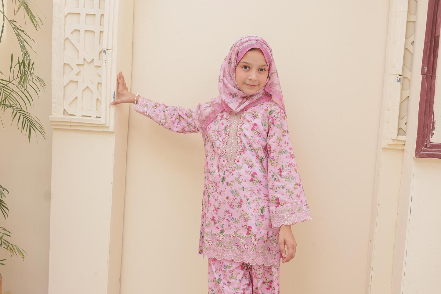 3 Pc - PINK - Farshi Shalwar Printed Chikankari Embroidered Collection