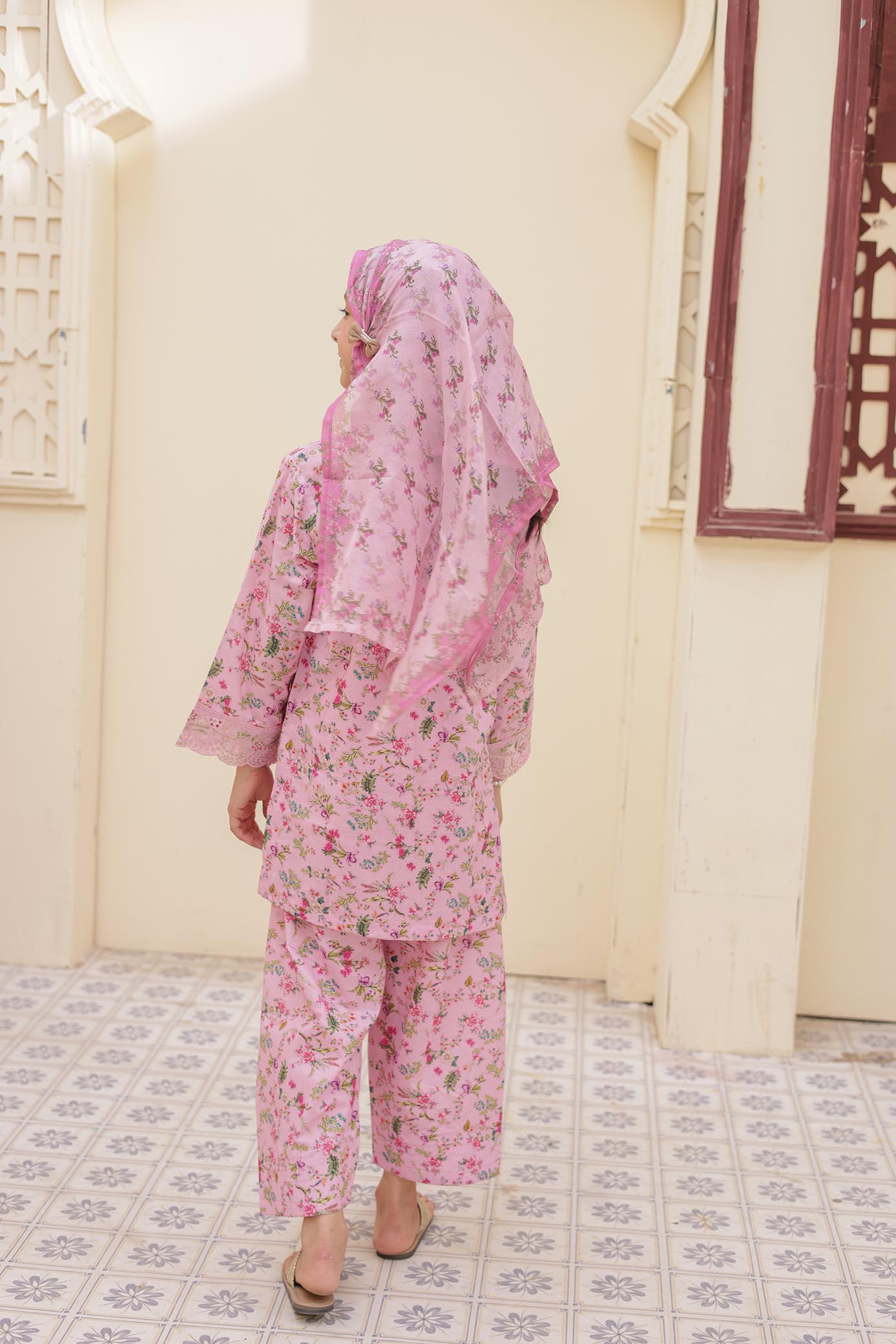 3 Pc - PINK - Farshi Shalwar Printed Chikankari Embroidered Collection