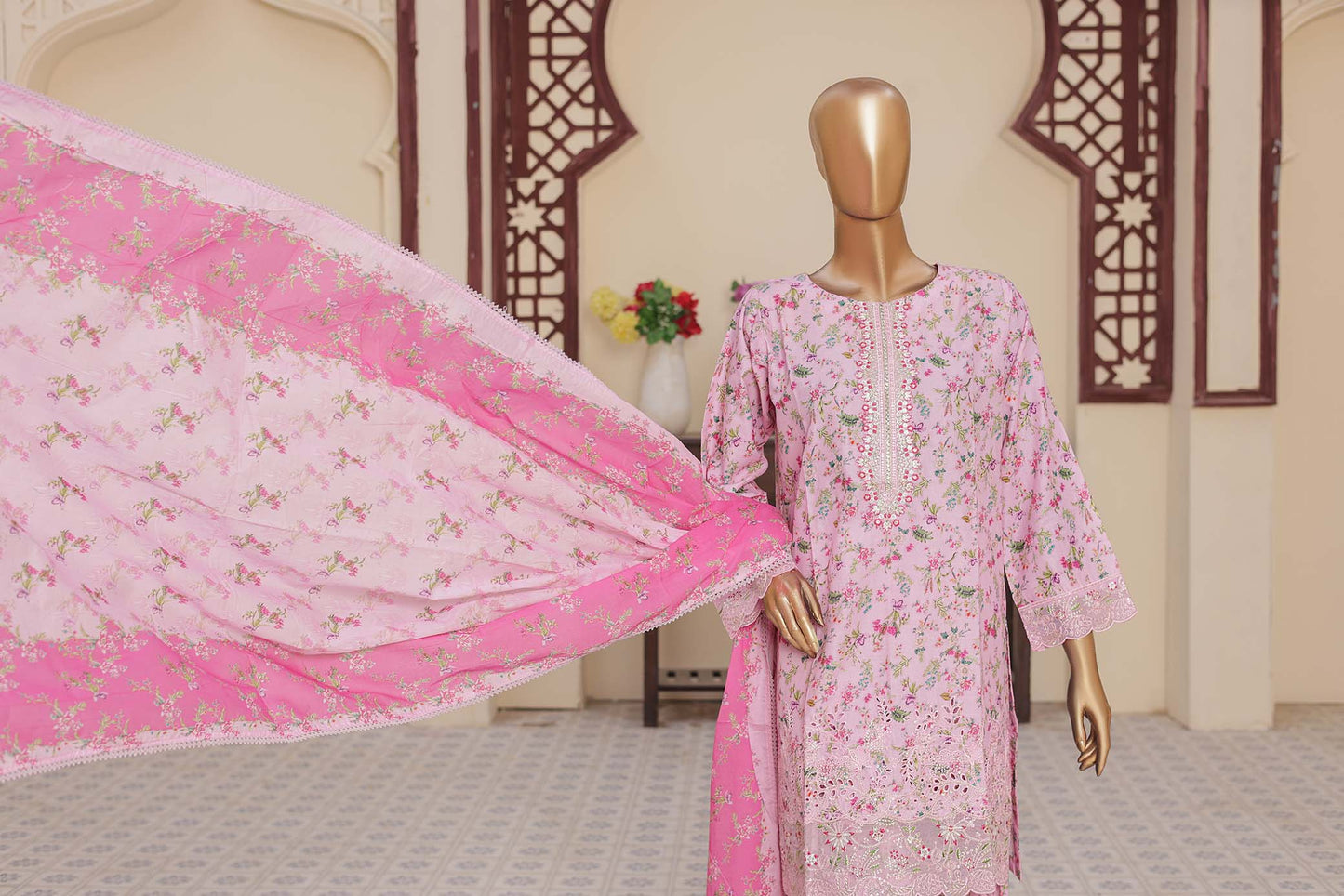 3 Pc - PINK - Farshi Shalwar Printed Chikankari Embroidered Collection