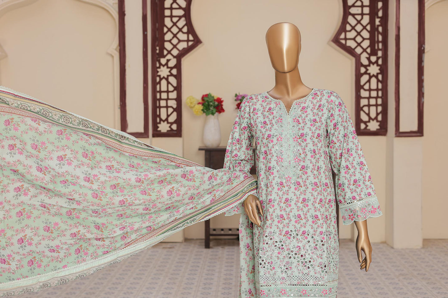 3 Pc - SEA FORM GREEN - Farshi Shalwar Printed Chikankari Embroidered Collection