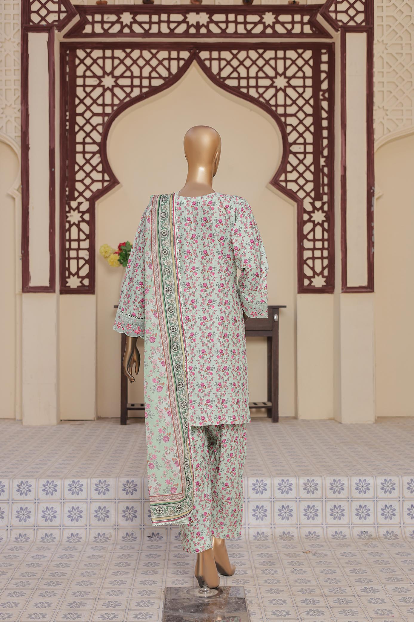 3 Pc - SEA FORM GREEN - Farshi Shalwar Printed Chikankari Embroidered Collection