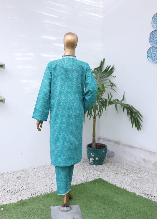 Teal rolling pin with a plant on a white surface