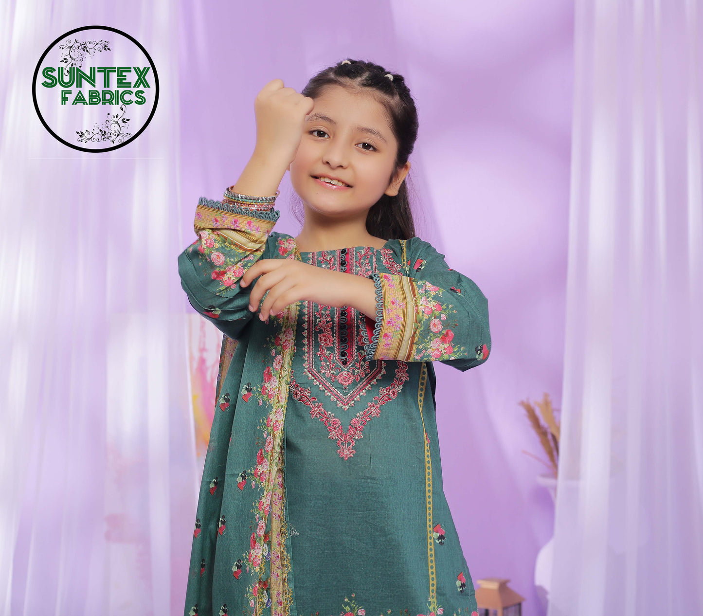 Girl Printed Embroidered Lawn Stitch Shirt (Kurti) with Dupatta & Trouser