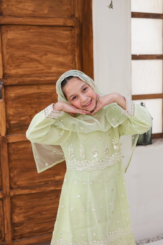 Young girl in a light green traditional outfit with floral embroidery, smiling indoors.