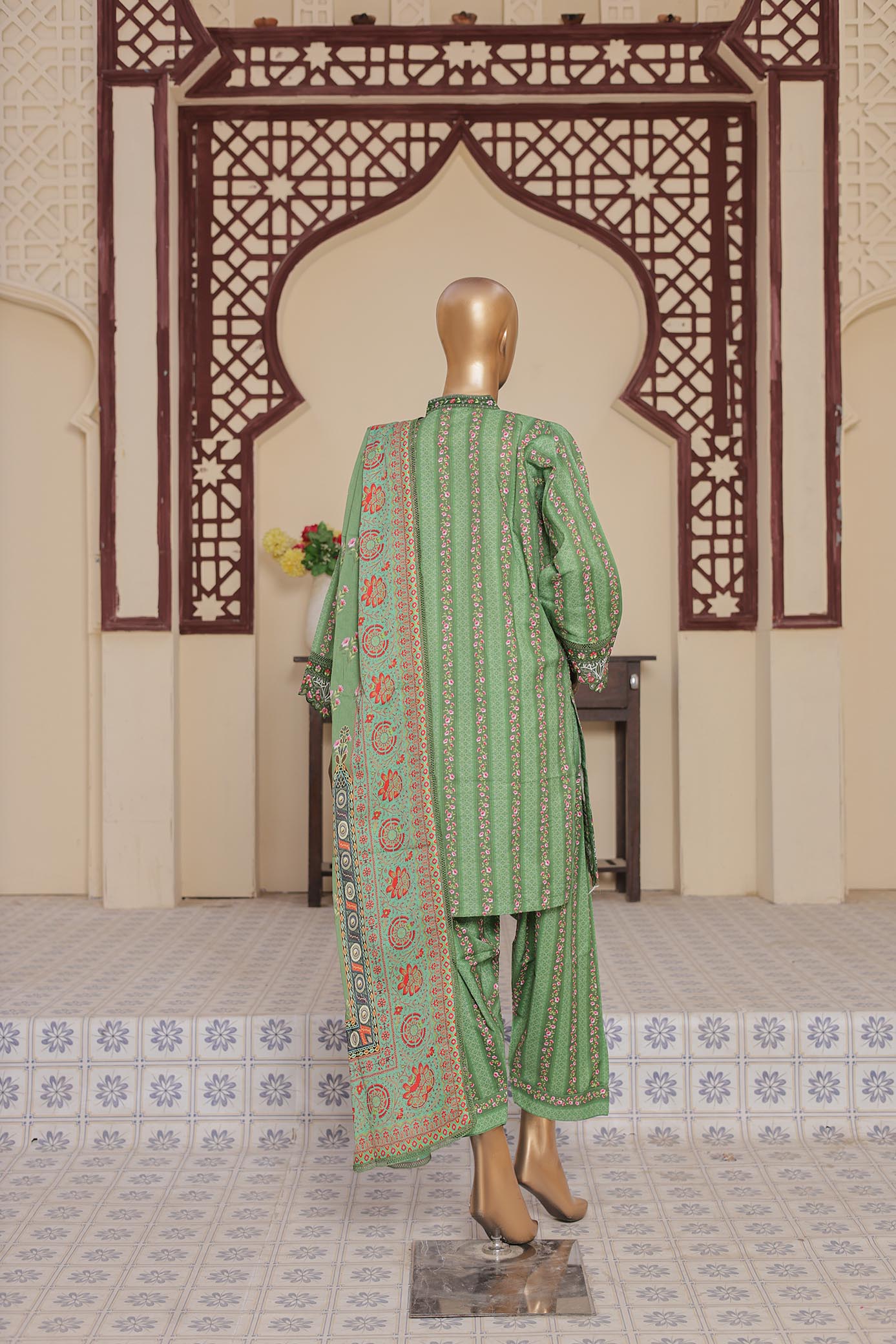 3 Pc - GREEN - Farshi Shalwar Printed Chikankari Embroidered Collection