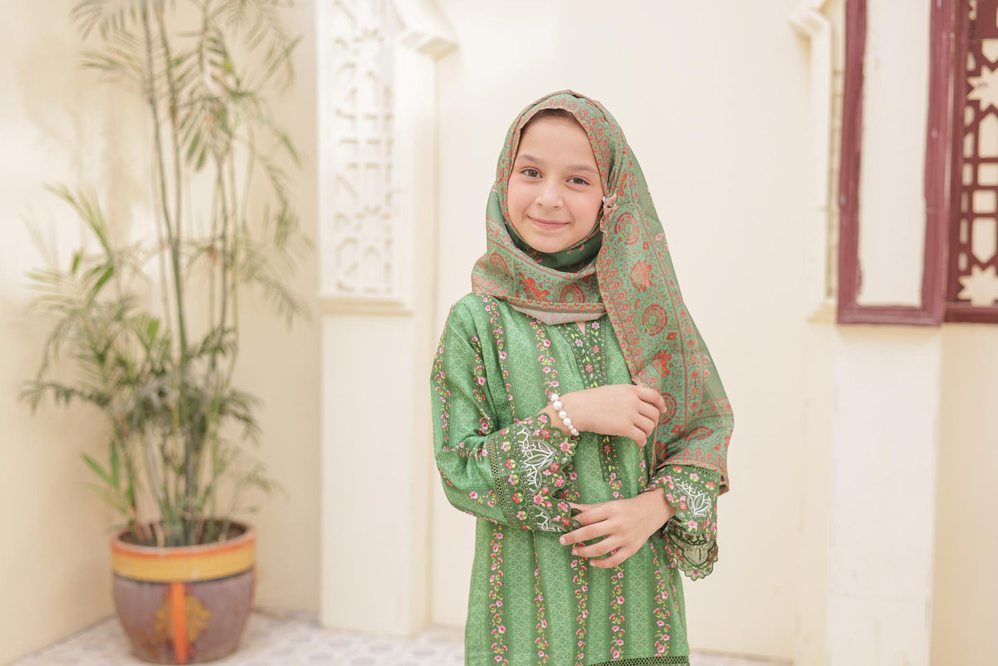 3 Pc - GREEN - Farshi Shalwar Printed Chikankari Embroidered Collection