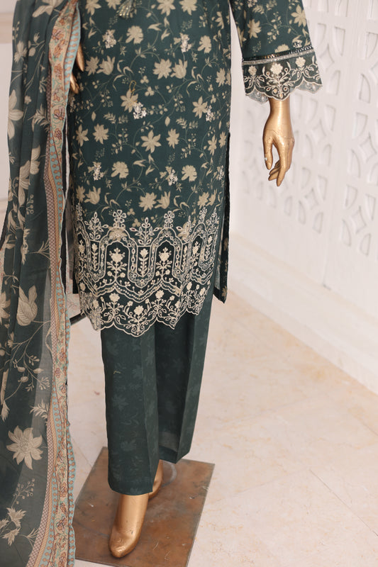 03 Pc Printed Laser Embroidered Lawn Suit with Dupatta & Printed Trouser