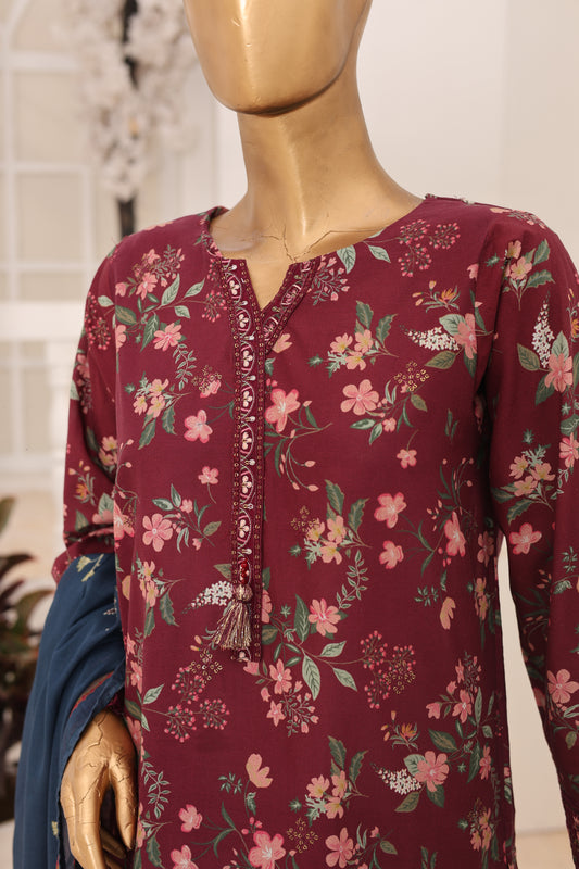 03 Pc Printed Laser Embroidered Lawn Suit with Dupatta & Printed Trouser