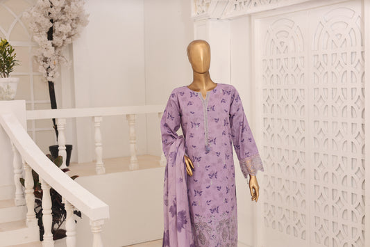 03 Pc Printed Laser Embroidered Lawn Suit with Dupatta & Printed Trouser