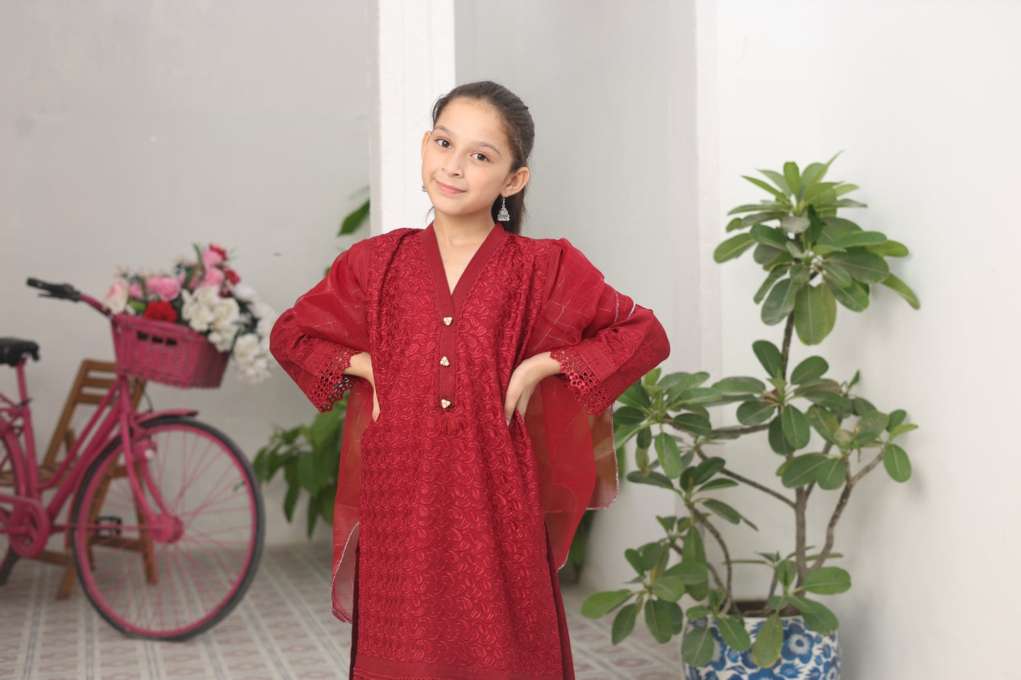 Ruby Embroidered Viscose Shirt with Lacework | Viscose Trouser | Zari Organza Dupatta