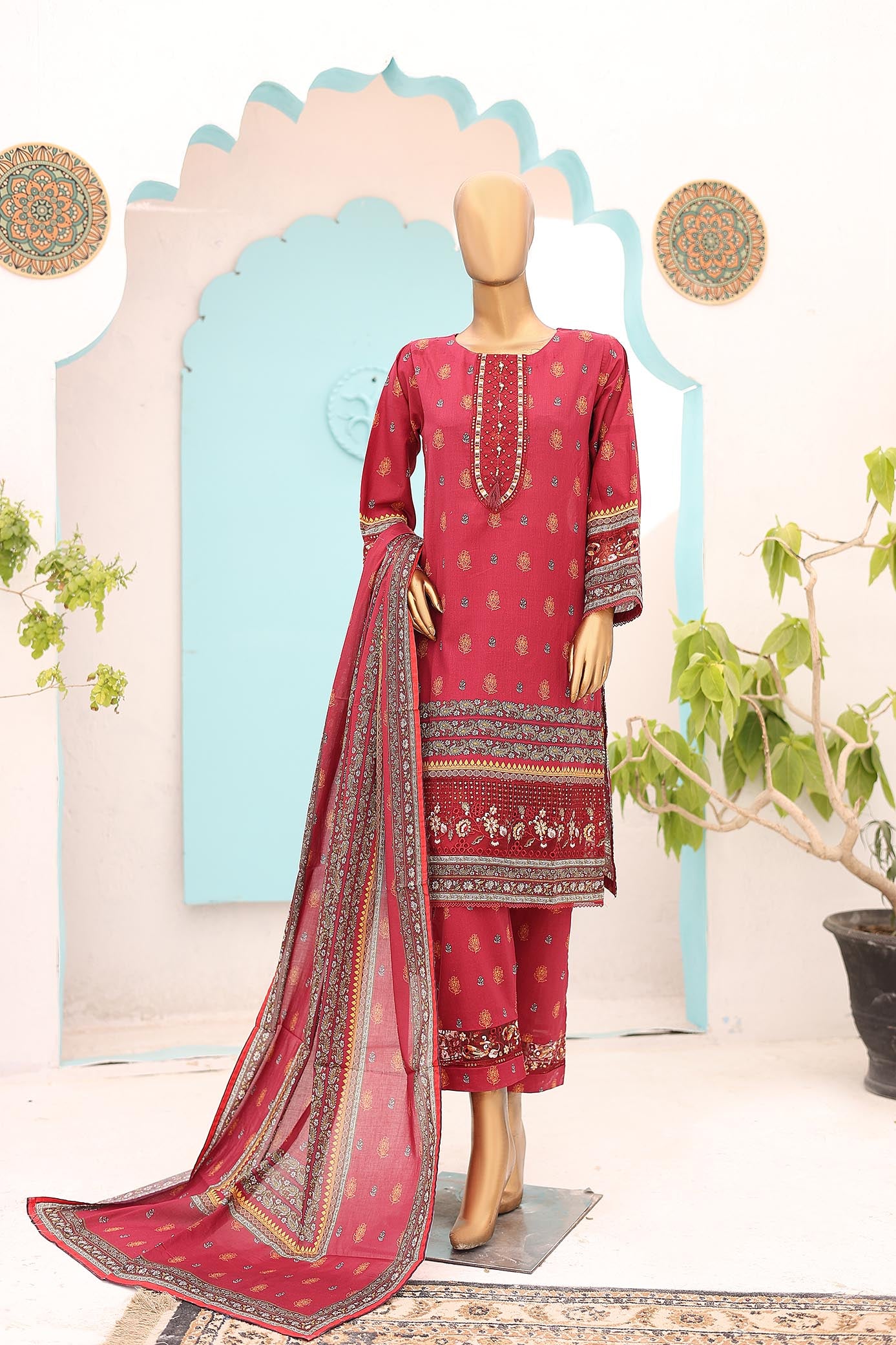 Woman Embroidered Cutwork Lawn Shirt kurta Dupatta Printed Trouser
