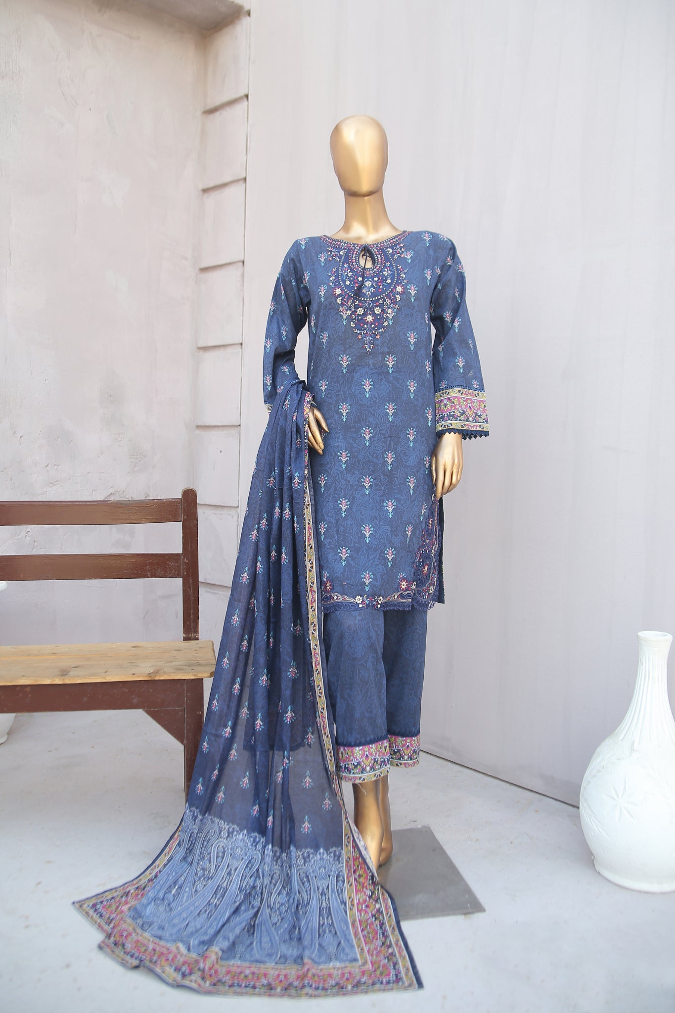 Girl woman Printed Embroidered Lawn Stitch Shirt Kurti Frock Cotton Dupatta Printed Trouser