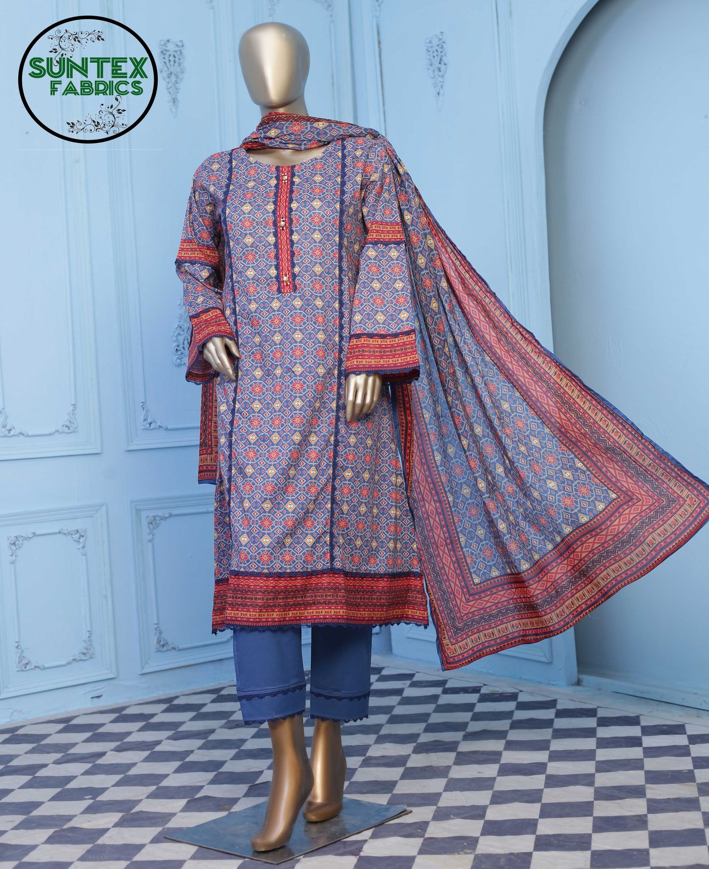 Woman Printed Lawn Stitch Frock Shirt (Kurti) with Dupatta & Trouser