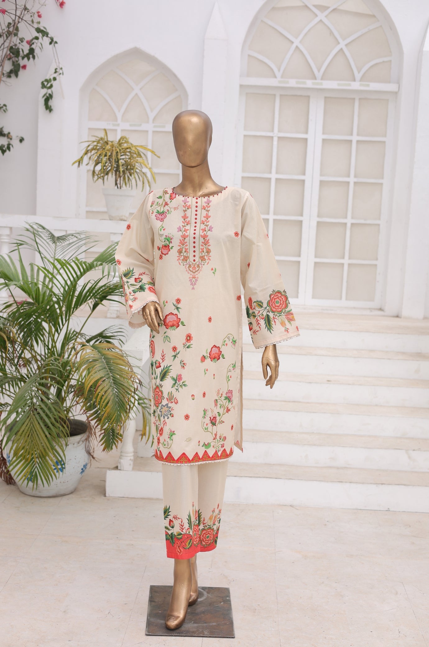 02 Pc Printed Lawn Suit - Cream