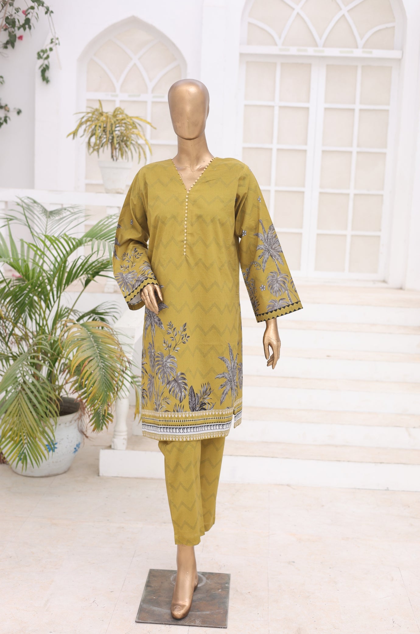 02 Pc Printed Lawn Suit - Mustard