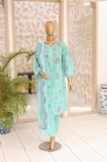 03 Pc Aqua Printed  Lawn Suit with Dupatta & Printed Trouser