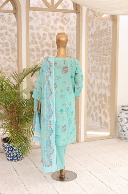 03 Pc Aqua Printed  Lawn Suit with Dupatta & Printed Trouser