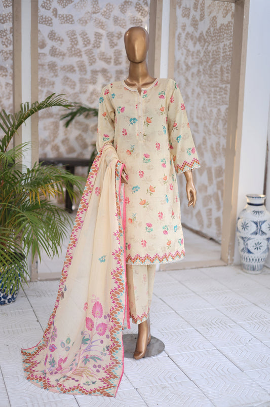 03 Pc Cream Printed  Lawn Suit with Dupatta & Printed Trouser