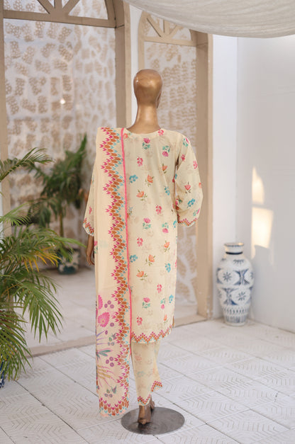 03 Pc Cream Printed  Lawn Suit with Dupatta & Printed Trouser