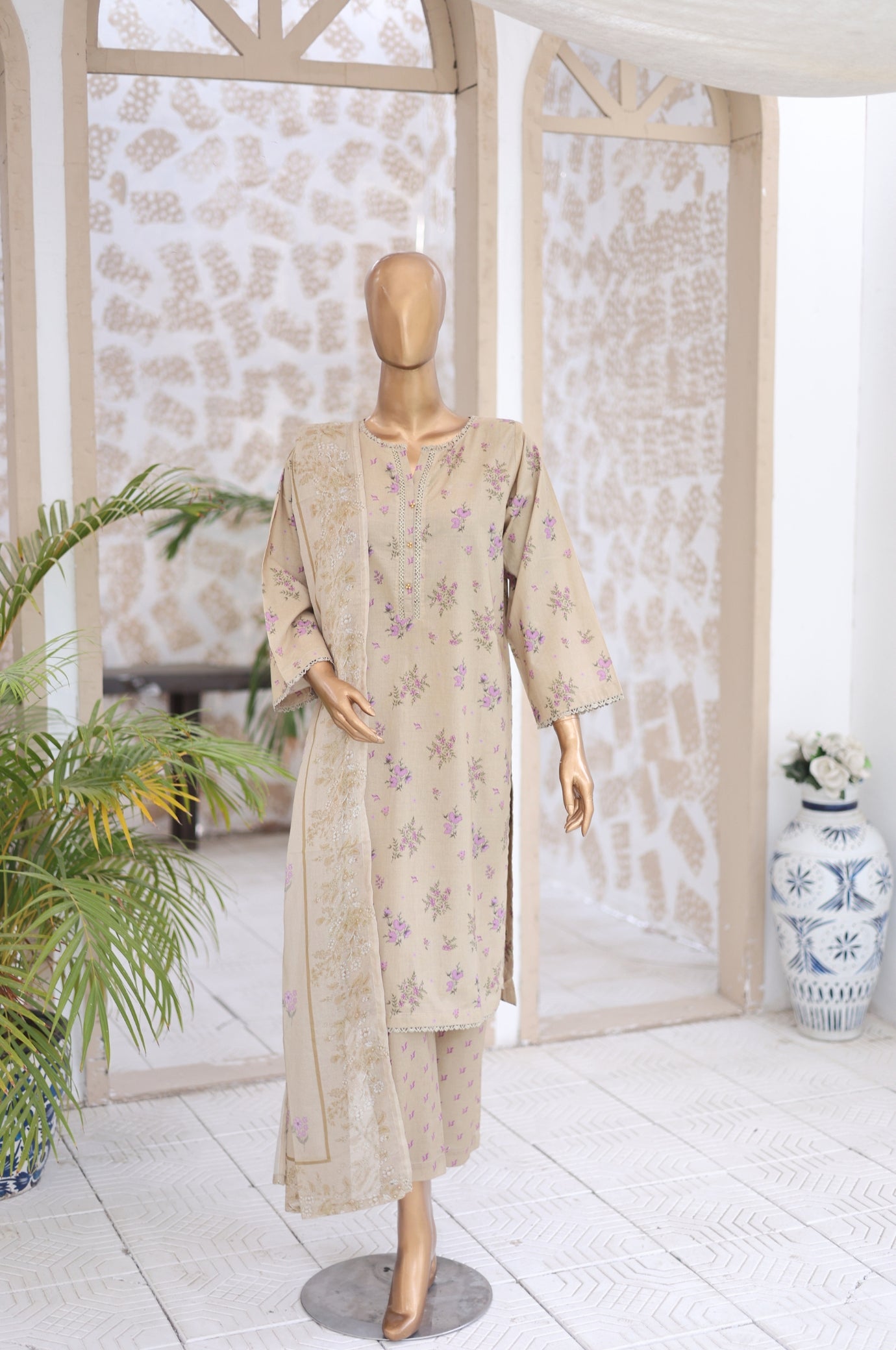 03 Pc Greige Printed  Lawn Suit with Dupatta & Printed Trouser