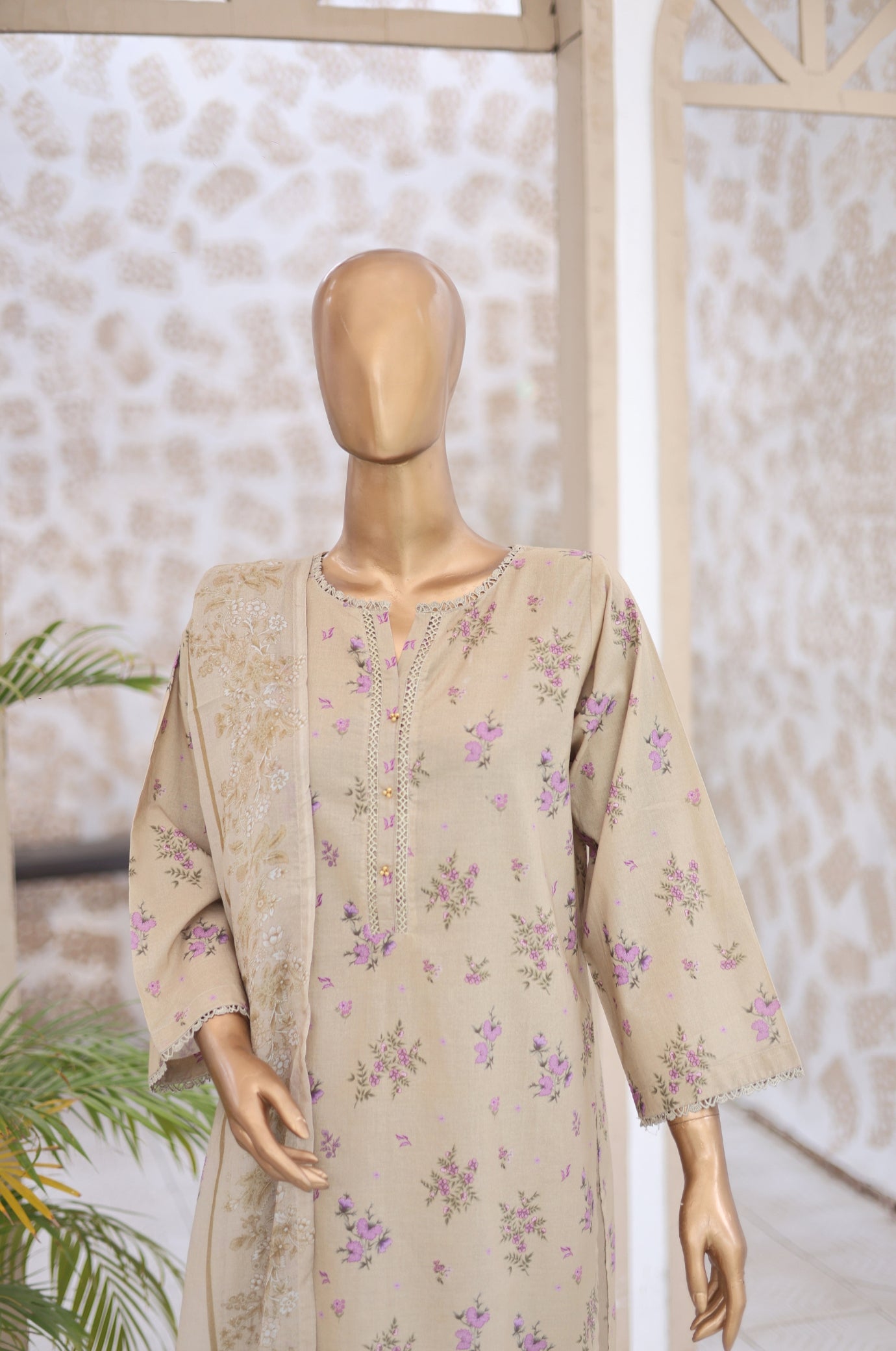 03 Pc Greige Printed  Lawn Suit with Dupatta & Printed Trouser