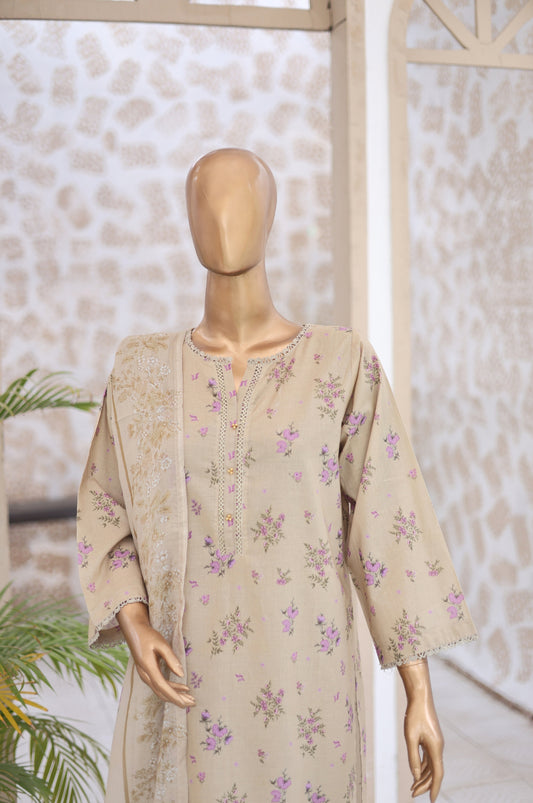 03 Pc Greige Printed  Lawn Suit with Dupatta & Printed Trouser