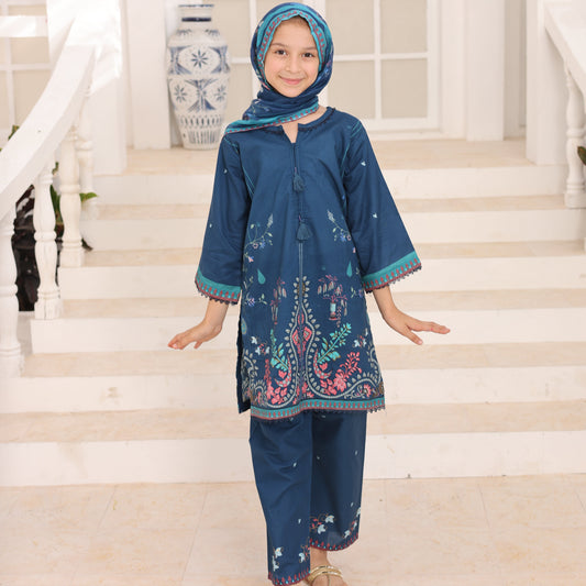 03 Pc Indigo Blue Printed Lawn Suit with Dupatta & Printed Trouser