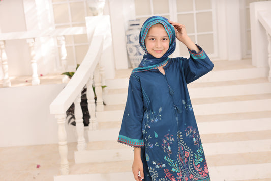 03 Pc Indigo Blue Printed Lawn Suit with Dupatta & Printed Trouser