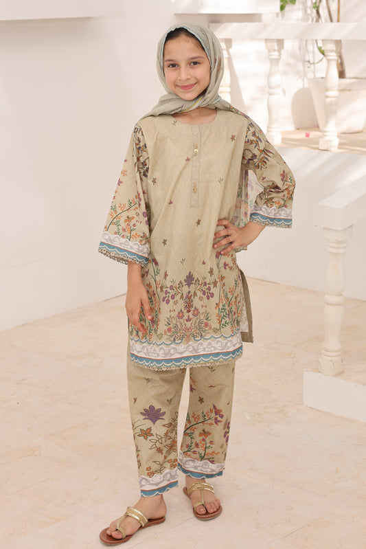 03 Pc Khaki Printed Lawn Suit with Dupatta & Printed Trouser