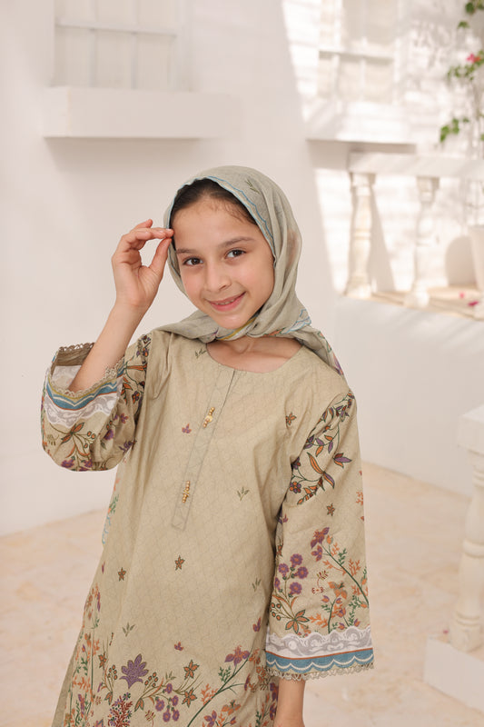 03 Pc Khaki Printed Lawn Suit with Dupatta & Printed Trouser