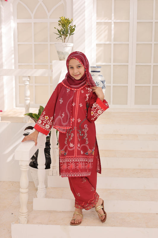 03 Pc Maroon Printed Lawn Suit with Dupatta & Printed Trouser