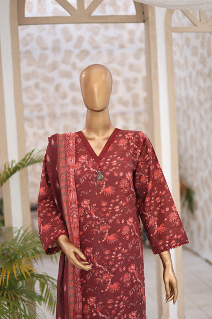 03 Pc Maroon Printed  Lawn Suit with Dupatta & Printed Trouser