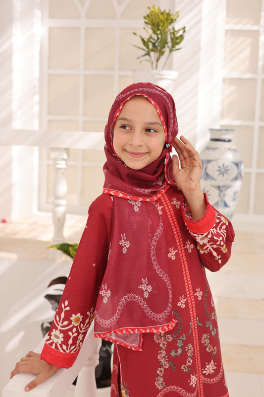 03 Pc Maroon Printed Lawn Suit with Dupatta & Printed Trouser
