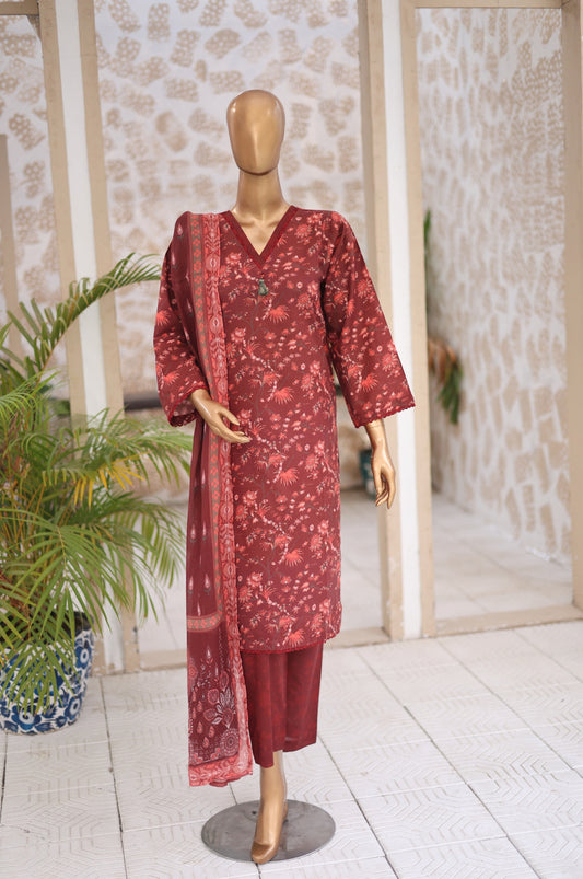03 Pc Maroon Printed  Lawn Suit with Dupatta & Printed Trouser