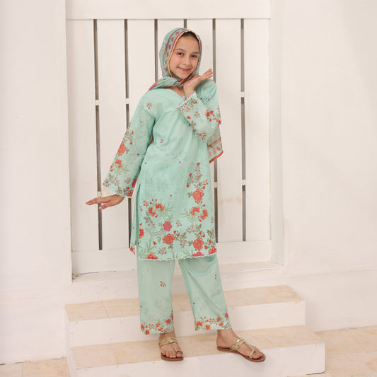 03 Pc Mint Green Printed Lawn Suit with Dupatta & Printed Trouser
