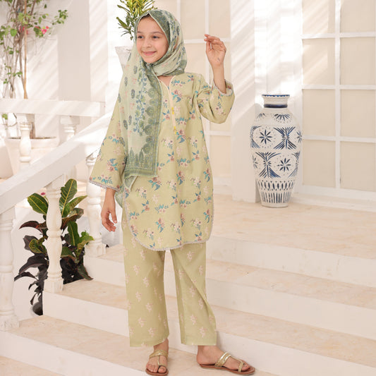 03 Pc Pistachio Printed Lawn Suit with Dupatta & Printed Trouser