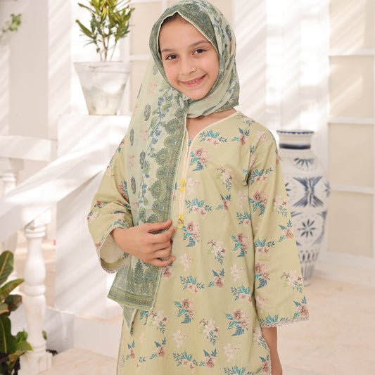 03 Pc Pistachio Printed Lawn Suit with Dupatta & Printed Trouser