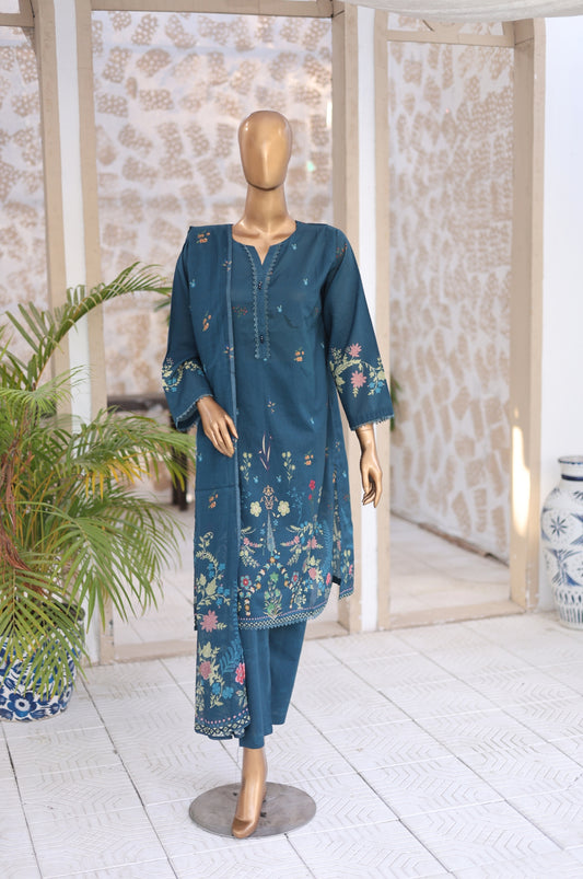 03 Pc Teal Printed  Lawn Suit with Dupatta & Printed Trouser