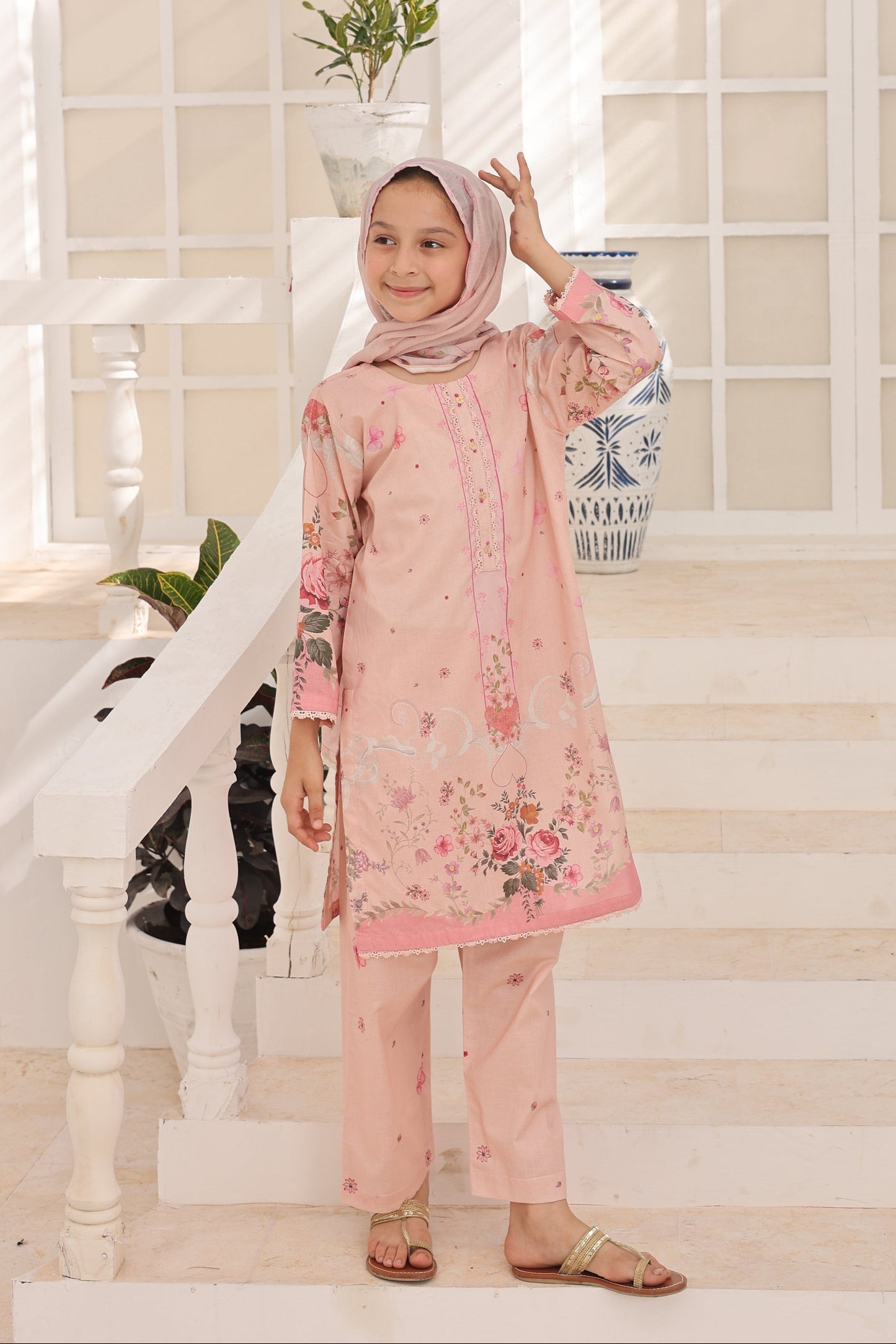 03 Pc Blush Pink Printed Lawn Suit with Dupatta & Printed Trouser