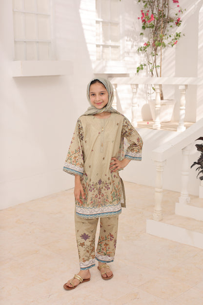 03 Pc Khaki Printed Lawn Suit with Dupatta & Printed Trouser
