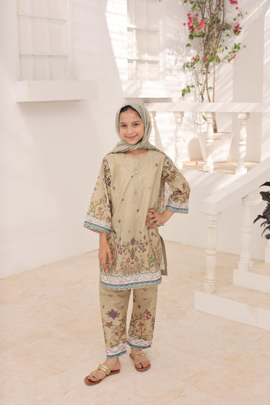 03 Pc Khaki Printed Lawn Suit with Dupatta & Printed Trouser